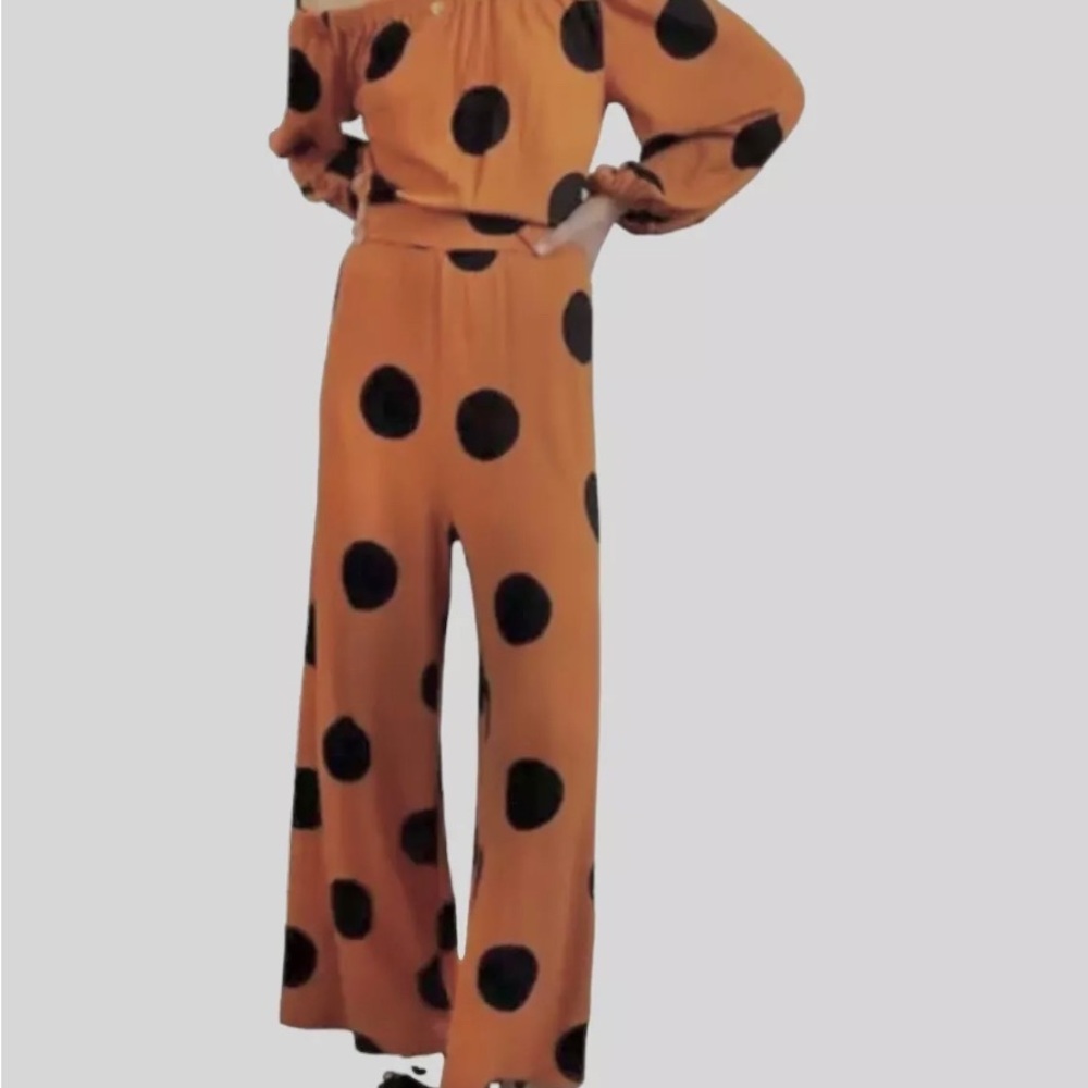 Polka Dot Wide-Leg Pants - Rust/Black - Picture 8 of 10